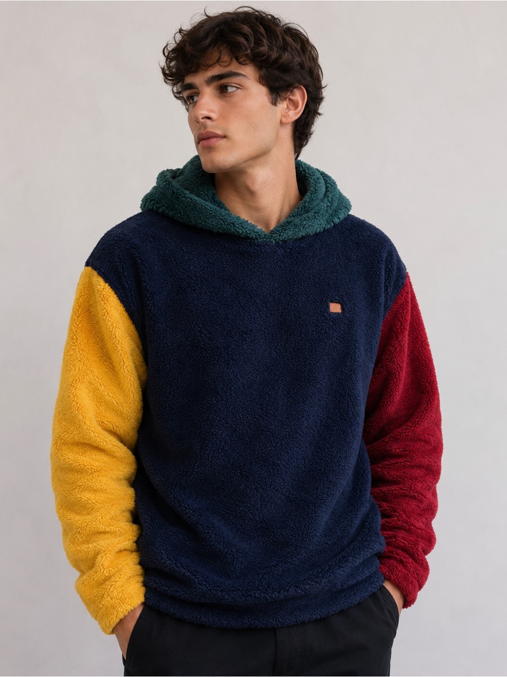Colorblock Sherpa Hoodie in Yellow Red Green and Navy Blue